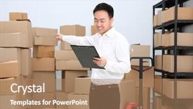  Presentation with warehouse logistics - Cool new PPT layouts with orders at logistics company warehouse backdrop and a coral colored foreground