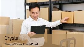  Presentation with warehouse logistics - Beautiful PPT theme featuring orders at logistics company warehouse backdrop and a coral colored foreground