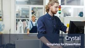  Presentation with worker - PPT theme featuring orders of clients in computer background and a navy blue colored foreground