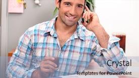  Presentation with ordinary - Audience pleasing slides consisting of ordinary - man on the telephone having backdrop and a light blue colored foreground