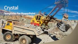  Presentation with dump truck - Slide set featuring output - excavator loading granite or ore background and a teal colored foreground