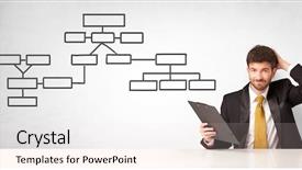  Presentation with organizational chart - Audience pleasing presentation theme consisting of orgainizational - businessman sitting at desk backdrop and a sky blue colored foreground