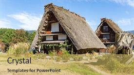  Presentation with village - Presentation theme having organic architecture - japanese shirakawago village background and a yellow colored foreground