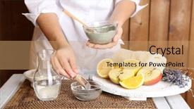  Presentation with injuries facial - Slide deck featuring organic beauty care - beautician makes cosmetic facial masks background and a coral colored foreground