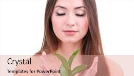  Presentation with green beauty - PPT theme with organic beauty care - beautiful young woman with green background and a coral colored foreground