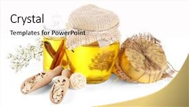  Presentation with hand soap - Colorful slides enhanced with organic beauty care - hand made soap and ingredients backdrop and a white colored foreground