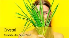  Presentation with healthy green food habit - PPT layouts having organic beauty care - joyful young woman with green background and a yellow colored foreground
