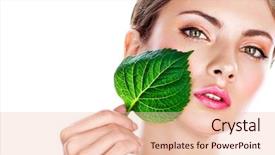  Presentation with green beauty - Colorful slide deck enhanced with organic beauty care - woman face and green leaf backdrop and a  colored foreground