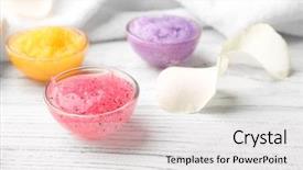  Presentation with scrubs - Cool new theme with organic cosmestics - body scrubs on wooden background backdrop and a white colored foreground