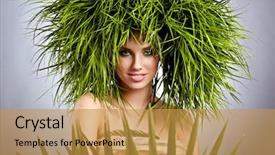  Presentation with abstract green - Slide deck featuring organic cosmestics - young woman and abstract green background and a gold colored foreground