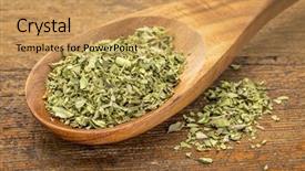  Presentation with oregano - Cool new presentation with organic dried oregano leaf on a wooden spoon against a grunge wood background backdrop and a yellow colored foreground