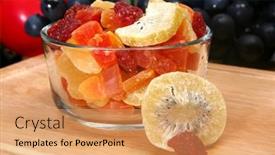  Presentation with kiwi - Presentation design with organic-dried-strawberry-kiwi-pinapple background and a coral colored foreground