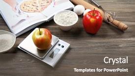  Presentation with wooden christian cross religious concept - PPT theme having organic electronics - apple with digital kitchen scales background and a dark gray colored foreground