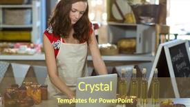  Presentation with magic shop - Presentation theme featuring organic electronics - female shop assistant using laptop background and a tawny brown colored foreground