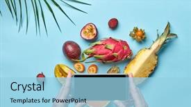  Presentation with crude palm fruit - Slide deck enhanced with organic electronics - set of different tropical fruits background and a light blue colored foreground