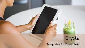  Presentation with detox - Colorful PPT theme enhanced with organic electronics - woman holding electronic tablet while backdrop and a coral colored foreground