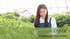  Presentation with agronomist - Presentation featuring organic electronics - young pretty chinese woman agronomist background and a yellow colored foreground