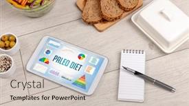  Presentation with healthy diet organic food - Colorful presentation theme enhanced with organic-food-and-tablet-pc backdrop and a soft green colored foreground