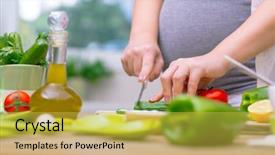  Presentation with food body - Cool new slides with oil futures - pregnant female cutting fresh vegetables backdrop and a yellow colored foreground