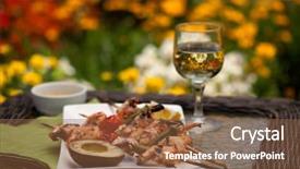  Presentation with grilled - Presentation design with organic grilling - plate of grilled shrimps skewers background and a tawny brown colored foreground