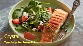  Presentation with ready to eat salad - Slide deck featuring organic grilling - spinach and strawberry salad background and a tawny brown colored foreground
