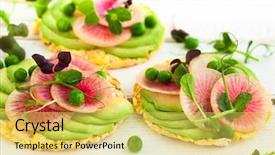  Presentation with quinoa - Theme consisting of organic quinoa cakes with avocado background and a yellow colored foreground