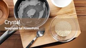  Presentation with quinoa - Theme enhanced with organic quinoa seeds in bowl with saucepan on wooden background background and a coral colored foreground