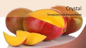  Presentation with mango - Slide set featuring ripe appetizing mango isolated on white background and a yellow colored foreground