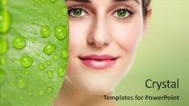  Presentation with close up baby girl knitted - Presentation design having organic spring water - beautiful young girl portrait close background and a mint green colored foreground