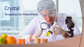  Presentation with protein scoop sports nutrition food - Colorful PPT layouts enhanced with organisme genetiquement modifie - nutrition expert testing food products backdrop and a sky blue colored foreground