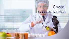  Presentation with protein scoop sports nutrition food - Audience pleasing slide set consisting of organisme genetiquement modifie - nutrition expert testing food products backdrop and a sky blue colored foreground