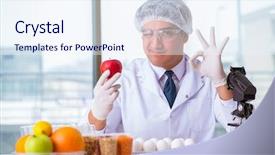  Presentation with protein scoop sports nutrition food - PPT theme featuring organisme genetiquement modifie - nutrition expert testing food products background and a sky blue colored foreground