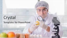  Presentation with nutrition - Colorful slides enhanced with organisme genetiquement modifie - nutrition expert testing food products backdrop and a light gray colored foreground