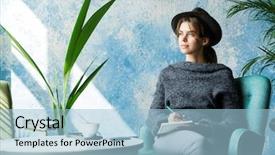  Presentation with taking notes - PPT theme enhanced with organization education - beautiful young woman dressed background and a light blue colored foreground