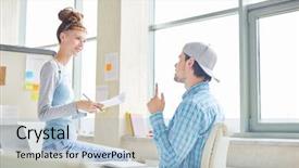  Presentation with company - Slide deck with organization efficiency - positive hipster colleagues discussing company background and a  colored foreground