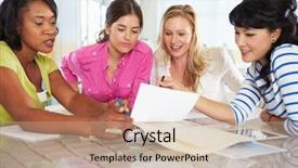  Presentation with women meeting - Cool new PPT layouts with organization groups - group of women meeting backdrop and a coral colored foreground