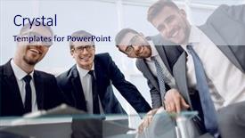  Presentation with negotiating - Presentation featuring organization trust - group of business partners sitting background and a  colored foreground