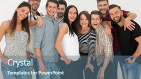  Presentation with employee profile company concept - Beautiful slide set featuring organization trust - group of creative company employees backdrop and a ocean colored foreground