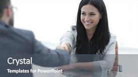  Presentation with business partner - Cool new PPT theme with organization trust - handshake young business woman backdrop and a dark gray colored foreground