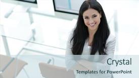  Presentation with workplace - Presentation design featuring organization trust - young business woman standing near background and a sky blue colored foreground