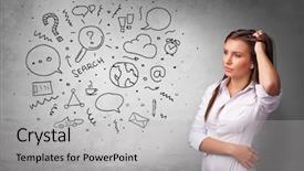  Presentation with thinking - Slide set featuring organizational leadership - young person thinking with office background and a light gray colored foreground