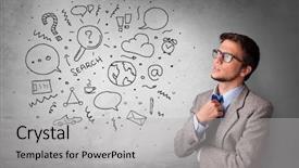  Presentation with thinking - PPT layouts with organizational leadership - young person thinking with office background and a light gray colored foreground