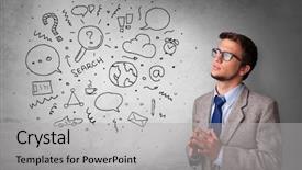  Presentation with thinking - Beautiful PPT layouts featuring organizational leadership - young person thinking with office backdrop and a light gray colored foreground