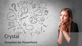  Presentation with 3d person thinking - Presentation theme with organizational leadership - young person thinking with office background and a light gray colored foreground