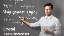  Presentation with human resource management resources concept - Colorful PPT theme enhanced with organize manage - management styles concept young man backdrop and a dark gray colored foreground
