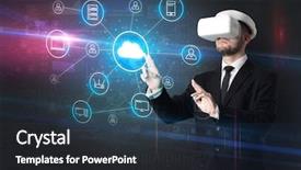  Presentation with knowledge sharing innovation social media - Colorful presentation design enhanced with organized - businessman in vr glasses organize backdrop and a  colored foreground