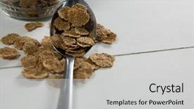  Presentation with spoon - Beautiful theme featuring orgen - close-up of wheat flakes backdrop and a  colored foreground