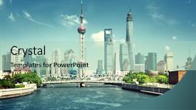 Presentation with china shanghai - Beautiful PPT theme featuring orient - shanghai skyline in sunny day backdrop and a mint green colored foreground
