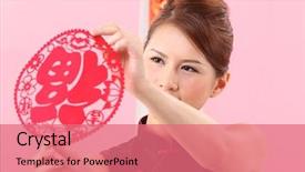  Presentation with chinese new year - Slide deck consisting of oriental craft - young woman celebrating chinese new background and a coral colored foreground