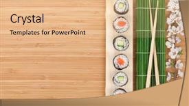  Presentation with sakura - PPT layouts having sushi maki set with fresh sakura branch over bamboo table with copy space background and a coral colored foreground